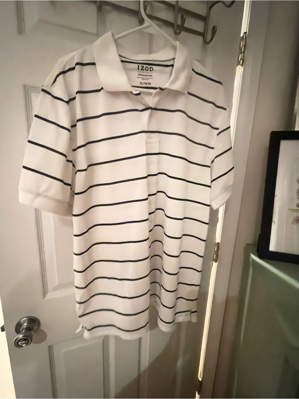 Izod White Polo with Navy Horizontal Stripes